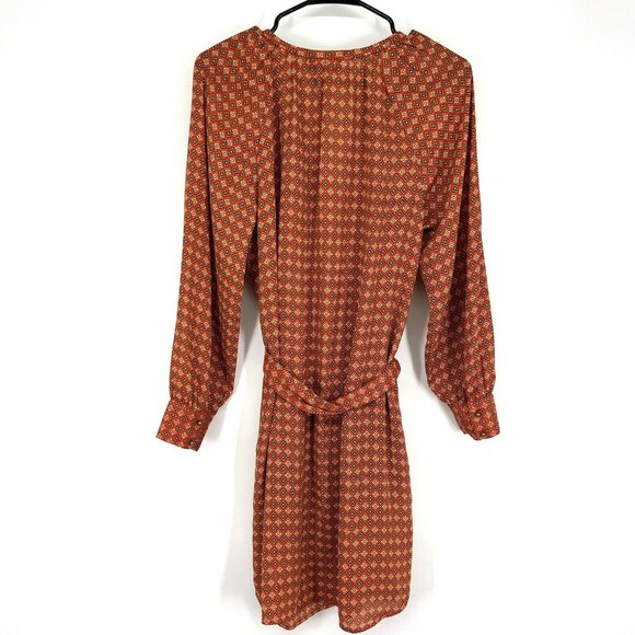 Banana Republic Dress Orange Printed V Neck Long Sleeve Tie Waist - Picture 8 of 11